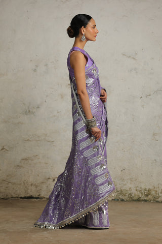 Pansy Purple Embroidered Sari Set by Saksham & Neharicka available on Indiaspopup.com
