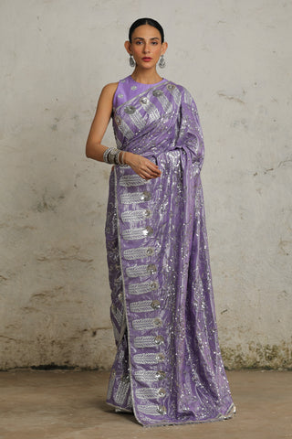 Pansy Purple Embroidered Sari Set by Saksham & Neharicka available on Indiaspopup.com