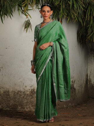 Green Zari Sari Set by Saksham & Neharicka available on Indiaspopup.com