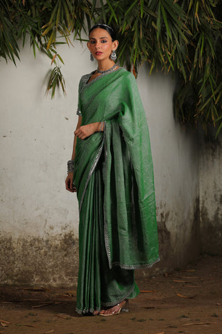 Green Zari Sari Set by Saksham & Neharicka available on Indiaspopup.com