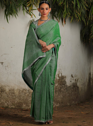 Green Zari Sari Set by Saksham & Neharicka available on Indiaspopup.com