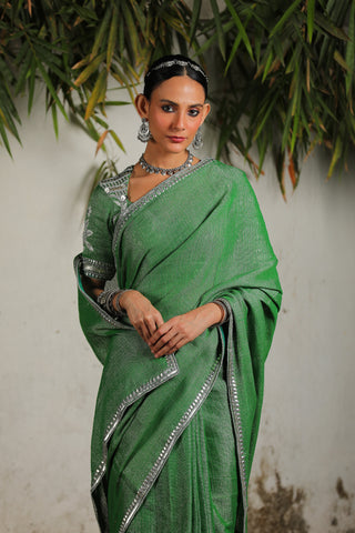 Green Zari Sari Set by Saksham & Neharicka available on Indiaspopup.com