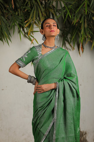 Green Zari Sari Set by Saksham & Neharicka available on Indiaspopup.com