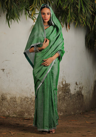 Green Zari Sari Set by Saksham & Neharicka available on Indiaspopup.com