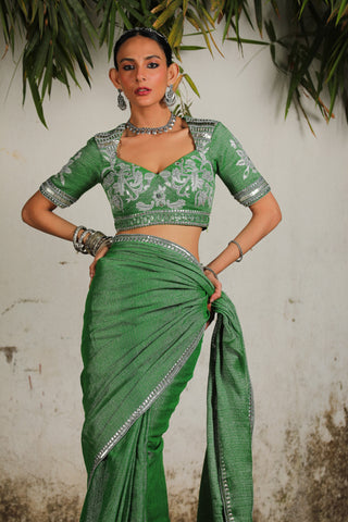 Green Zari Sari Set by Saksham & Neharicka available on Indiaspopup.com