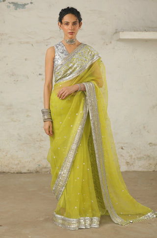 Aami Green Sari And Unstitched Blouse by Saksham & Neharicka available on Indiaspopup.com