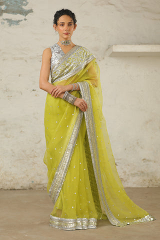 Aami Green Sari And Unstitched Blouse by Saksham & Neharicka available on Indiaspopup.com