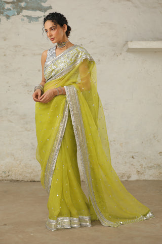 Aami Green Sari And Unstitched Blouse by Saksham & Neharicka available on Indiaspopup.com