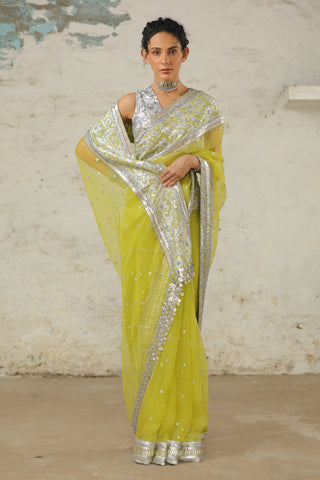 Aami Green Sari And Unstitched Blouse by Saksham & Neharicka available on Indiaspopup.com