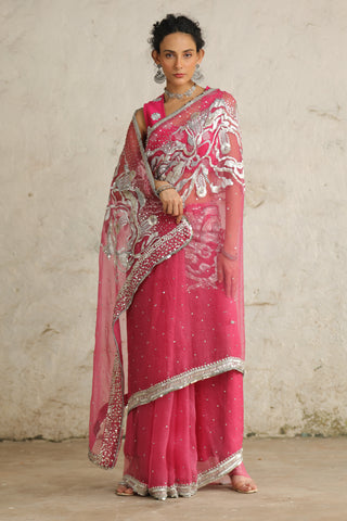 Pink Cosmos Sari Set by Saksham & Neharicka available on Indiaspopup.com