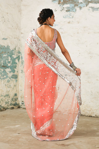 Coral Organza Sari And Unstitched Blouse by Saksham & Neharicka available on Indiaspopup.com