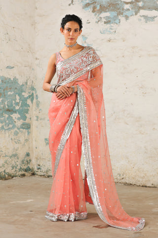 Coral Organza Sari And Unstitched Blouse by Saksham & Neharicka available on Indiaspopup.com