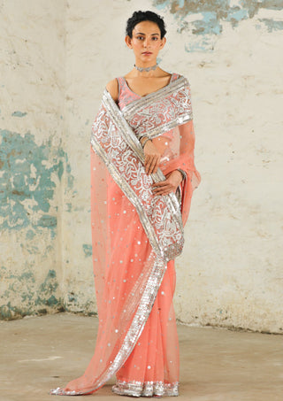 Coral Organza Sari And Unstitched Blouse by Saksham & Neharicka available on Indiaspopup.com