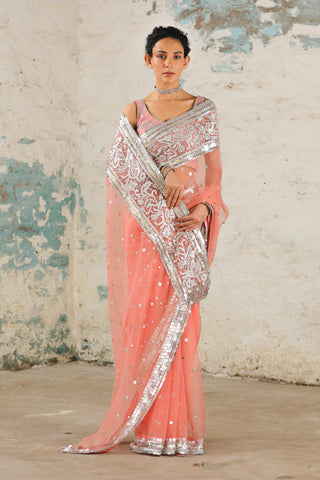 Coral Organza Sari And Unstitched Blouse by Saksham & Neharicka available on Indiaspopup.com