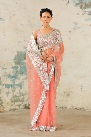 Coral Organza Sari And Unstitched Blouse by Saksham & Neharicka available on Indiaspopup.com