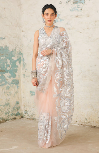 Kokapur Peach Sari Set by Saksham & Neharicka available on Indiaspopup.com