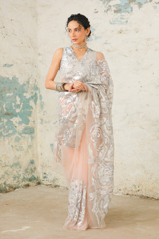 Kokapur Peach Sari Set by Saksham & Neharicka available on Indiaspopup.com