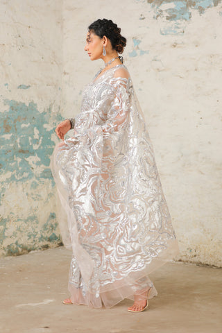 Kokapur Peach Sari Set by Saksham & Neharicka available on Indiaspopup.com
