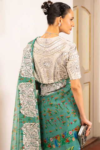 Teal Printed Georgette Sari And Blouse by Saksham & Neharicka available on Indiaspopup