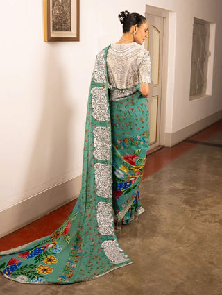 Teal Printed Georgette Sari And Blouse by Saksham & Neharicka available on Indiaspopup