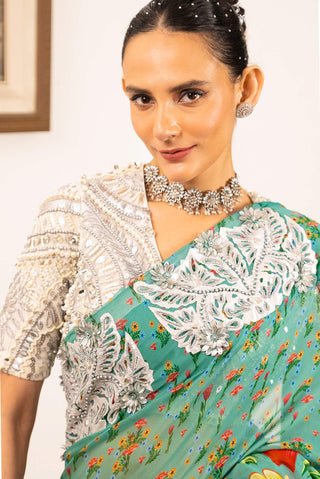 Teal Printed Georgette Sari And Blouse by Saksham & Neharicka available on Indiaspopup