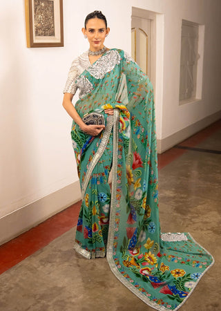 Teal Printed Georgette Sari And Blouse by Saksham & Neharicka available on Indiaspopup