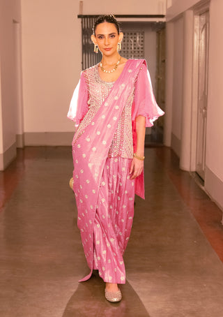 Pink Embroidered Sari Dress And Blouse by Saksham & Neharicka available on Indiaspopup