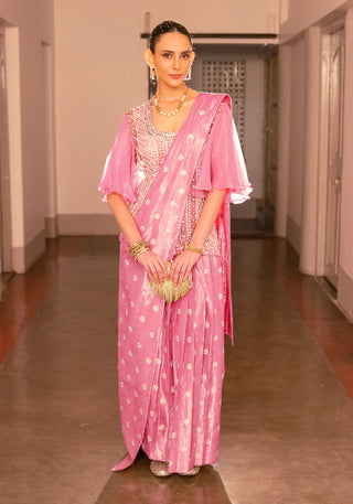 Pink Embroidered Sari Dress And Blouse by Saksham & Neharicka available on Indiaspopup