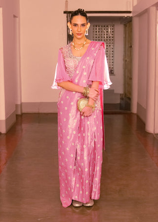 Pink Embroidered Sari Dress And Blouse by Saksham & Neharicka available on Indiaspopup