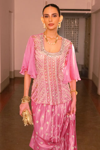 Pink Embroidered Sari Dress And Blouse by Saksham & Neharicka available on Indiaspopup