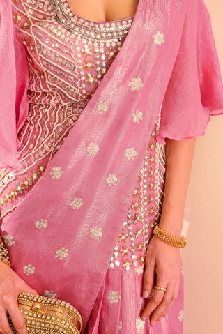 Pink Embroidered Sari Dress And Blouse by Saksham & Neharicka available on Indiaspopup