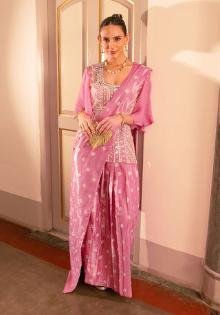 Pink Embroidered Sari Dress And Blouse by Saksham & Neharicka available on Indiaspopup