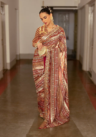 Berry Red Printed And Embroidered Sari And Blouse by Saksham & Neharicka available on Indiaspopup