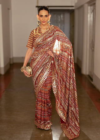 Berry Red Printed And Embroidered Sari And Blouse by Saksham & Neharicka available on Indiaspopup