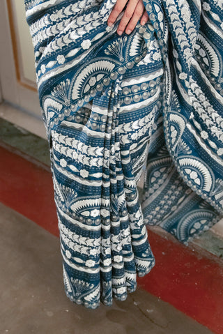 Cobalt Blue Embroidered Sari And Blouse by Saksham & Neharicka available on Indiaspopup