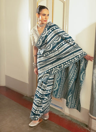 Cobalt Blue Embroidered Sari And Blouse by Saksham & Neharicka available on Indiaspopup