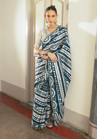 Cobalt Blue Embroidered Sari And Blouse by Saksham & Neharicka available on Indiaspopup
