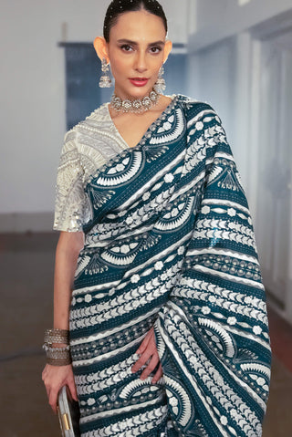 Cobalt Blue Embroidered Sari And Blouse by Saksham & Neharicka available on Indiaspopup