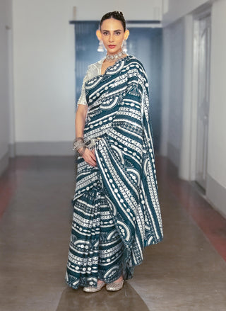 Cobalt Blue Embroidered Sari And Blouse by Saksham & Neharicka available on Indiaspopup