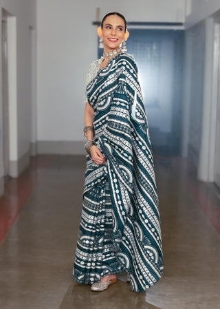 Cobalt Blue Embroidered Sari And Blouse by Saksham & Neharicka available on Indiaspopup