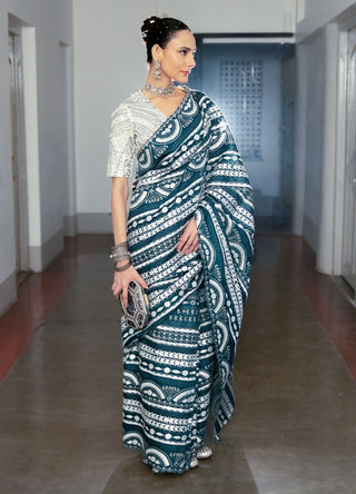 Cobalt Blue Embroidered Sari And Blouse by Saksham & Neharicka available on Indiaspopup