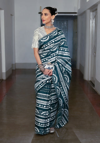 Cobalt Blue Embroidered Sari And Blouse by Saksham & Neharicka available on Indiaspopup