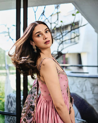 Dusky pink strappy anarkali and gharara set