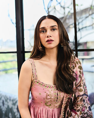 Dusky pink strappy anarkali and gharara set