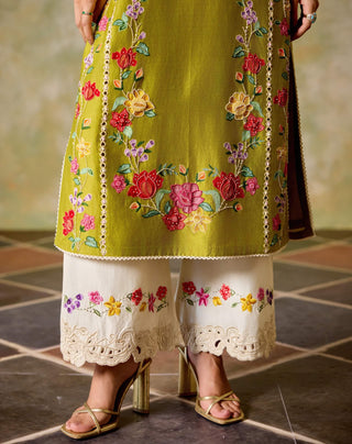 Olive and ivory colour block kurta set
