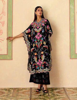 Black floral threadwork and beadwork kaftan and pants
