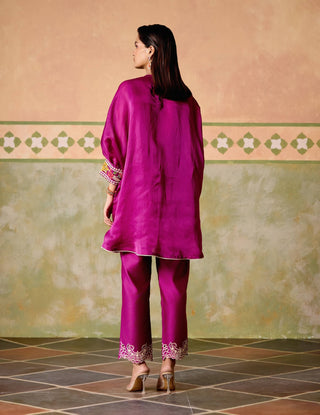 Purple embroidered kimono tunic and pants