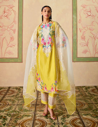Yellow and ivory embroidered kurta set