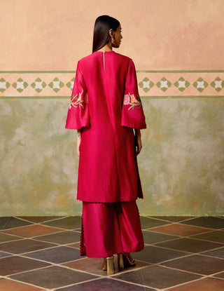 Fuchsia mosaic florals short kurta and flared pants