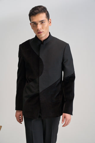Black curve cut velvet bandhgala set